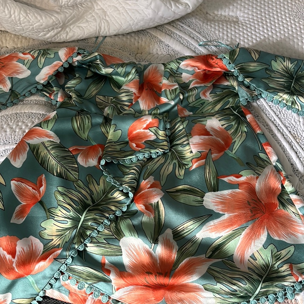 Luxxel Orange and Pink Ruffled Wrap Blouse